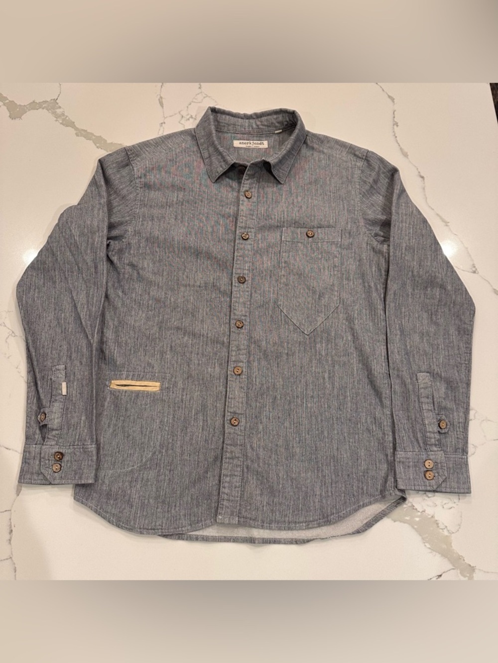 Anerkjendt Denmark Blue Gray Denim Button Up Shirt Mens M Pockets Casual Preppy